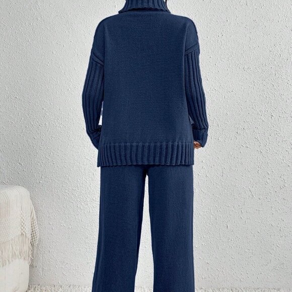 Royal Blue Casual Women's High Neck Drop Shoulder Sweater And Pants - Picture 2 of 5